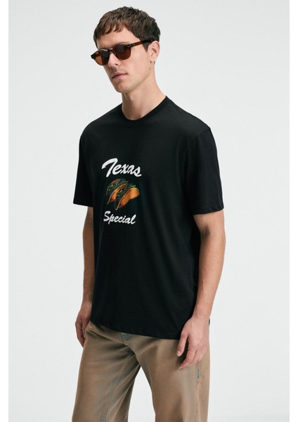 CRISP Erkek Oversize %100 Pamuk Baskılı Yuvarlak Yaka Siyah T-Shirt indirimleri