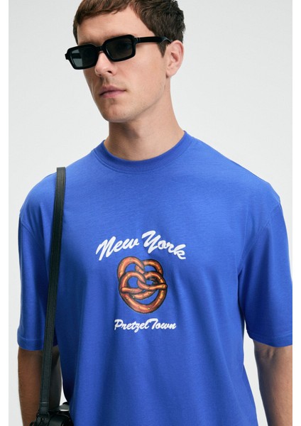 CRISP Erkek Oversize %100 Pamuk Baskılı Yuvarlak Yaka Saks Mavi T-Shirt