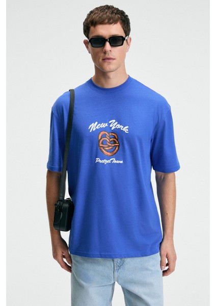CRISP Erkek Oversize %100 Pamuk Baskılı Yuvarlak Yaka Saks Mavi T-Shirt fiyatları