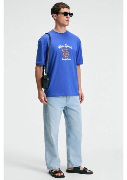CRISP Erkek Oversize %100 Pamuk Baskılı Yuvarlak Yaka Saks Mavi T-Shirt modelleri