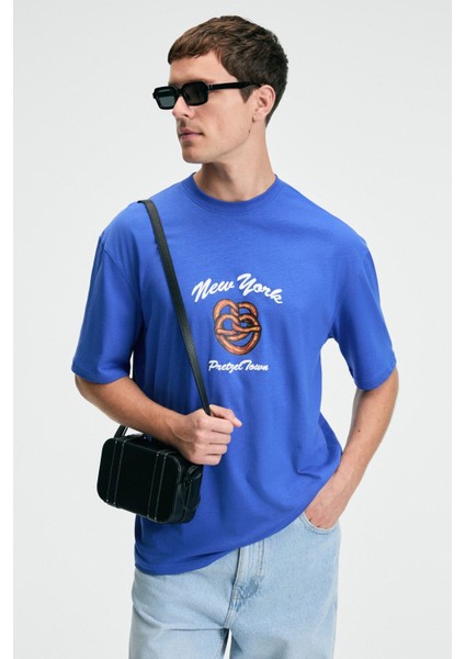 CRISP Erkek Oversize %100 Pamuk Baskılı Yuvarlak Yaka Saks Mavi T-Shirt fırsatları