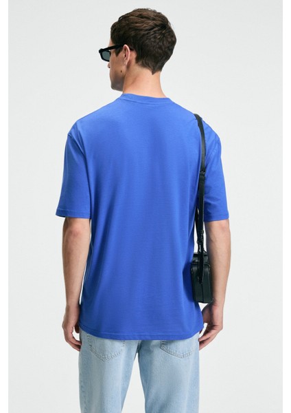 CRISP Erkek Oversize %100 Pamuk Baskılı Yuvarlak Yaka Saks Mavi T-Shirt indirimleri