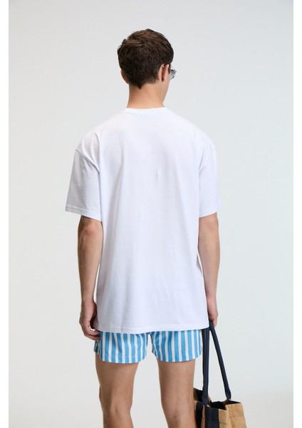 CRUNCH Erkek Oversize %100 Pamuk Baskılı Yuvarlak Yaka Beyaz T-Shirt indirimleri