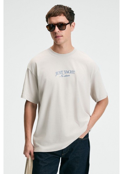 VEYRON Erkek %100 Pamuk Oversize Fit Baskılı Kısa Kollu Yuvarlak Yakalı Bej T-Shirt fiyatları