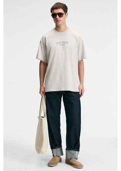 VEYRON Erkek %100 Pamuk Oversize Fit Baskılı Kısa Kollu Yuvarlak Yakalı Bej T-Shirt fırsatları