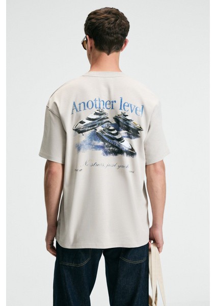 VEYRON Erkek %100 Pamuk Oversize Fit Baskılı Kısa Kollu Yuvarlak Yakalı Bej T-Shirt