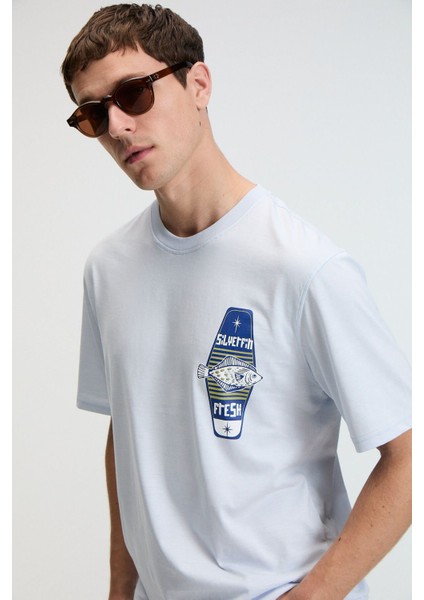SAVOR Erkek Oversize %100 Pamuk Baskılı Yuvarlak Yaka Mavi T-Shirt