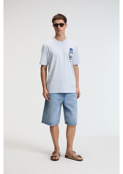 SAVOR Erkek Oversize %100 Pamuk Baskılı Yuvarlak Yaka Mavi T-Shirt indirimleri