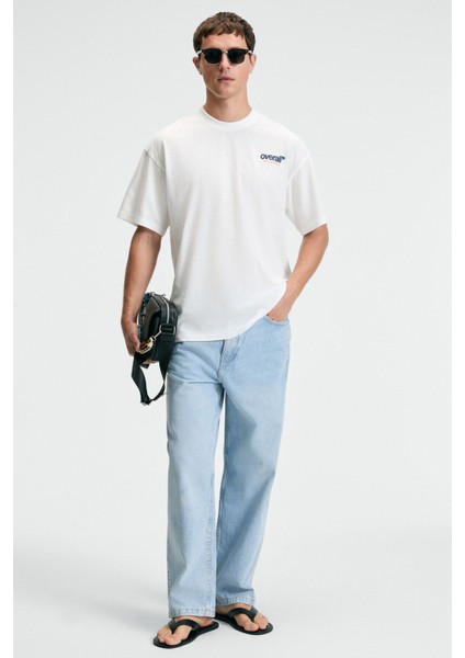 FEAST Erkek %100 Pamuk Oversize Fit Baskılı Kısa Kollu Yuvarlak Yakalı Ekru T-Shirt modelleri