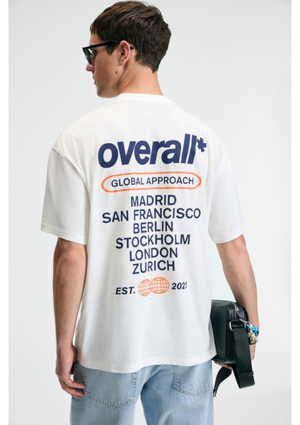 FEAST Erkek %100 Pamuk Oversize Fit Baskılı Kısa Kollu Yuvarlak Yakalı Ekru T-Shirt indirimleri