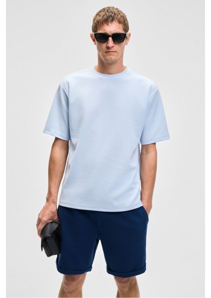 CHIC Erkek Relaxed Fit Dokulu Pamuk Kumaş Mavi T-Shirt