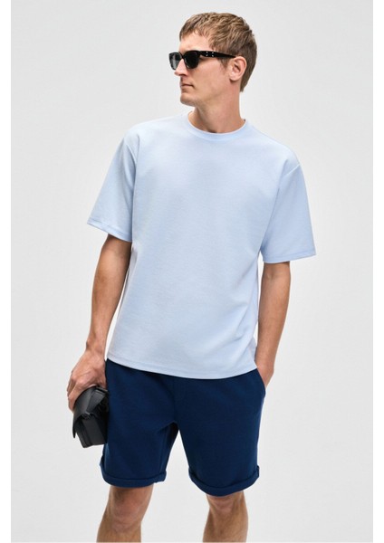 CHIC Erkek Relaxed Fit Dokulu Pamuk Kumaş Mavi T-Shirt
