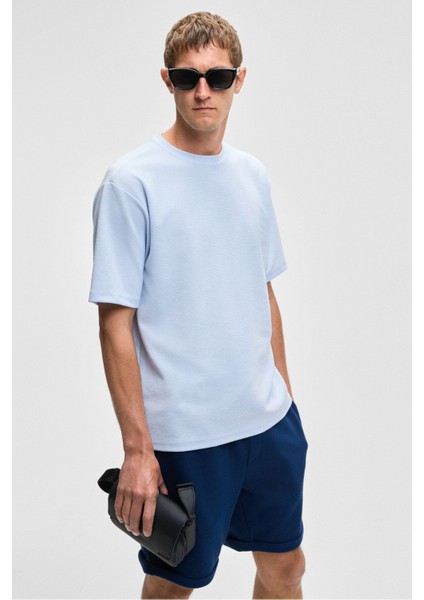 CHIC Erkek Relaxed Fit Dokulu Pamuk Kumaş Mavi T-Shirt