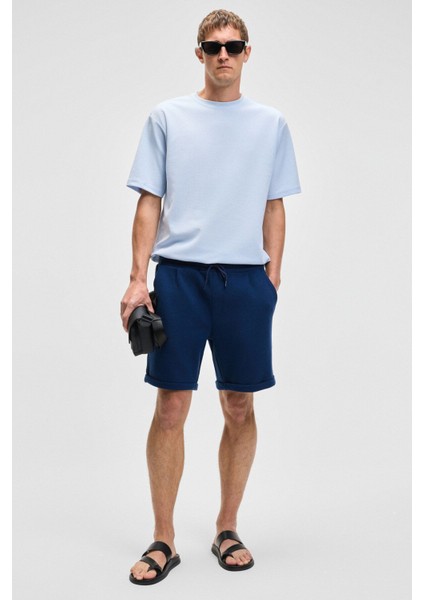 CHIC Erkek Relaxed Fit Dokulu Pamuk Kumaş Mavi T-Shirt