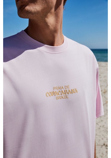 Copacabana Erkek Ön Arka Çatlayan Baskı Detaylı %100 Organik Pamuk Oversize Kısa Kollu Pembe T-shirt indirimleri