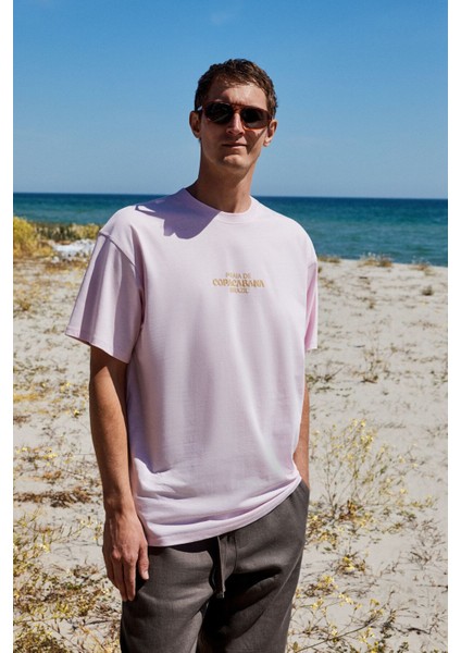 Copacabana Erkek Ön Arka Çatlayan Baskı Detaylı %100 Organik Pamuk Oversize Kısa Kollu Pembe T-shirt