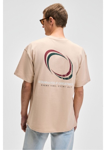 MANOL Erkek Bisiklet Yaka %100 Organik Pamuklu Oversize Fit Bej T-Shirt