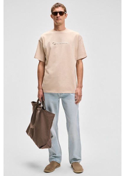 MANOL Erkek Bisiklet Yaka %100 Organik Pamuklu Oversize Fit Bej T-Shirt modelleri