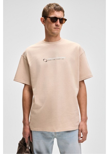 MANOL Erkek Bisiklet Yaka %100 Organik Pamuklu Oversize Fit Bej T-Shirt fırsatları