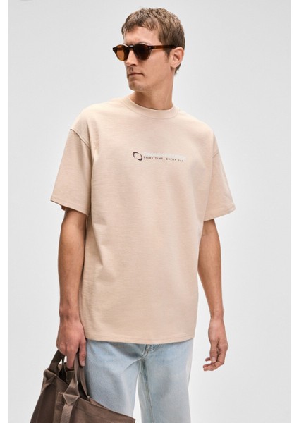 MANOL Erkek Bisiklet Yaka %100 Organik Pamuklu Oversize Fit Bej T-Shirt indirimleri