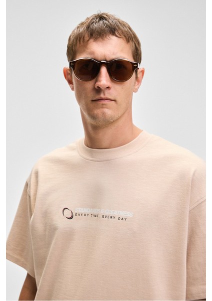 MANOL Erkek Bisiklet Yaka %100 Organik Pamuklu Oversize Fit Bej T-Shirt