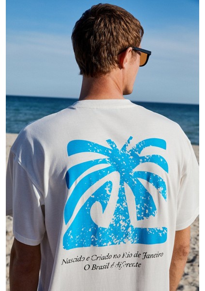 Copacabana Erkek Ön Arka Çatlayan Baskı Detaylı %100 Organik Pamuk Oversize Kısa Kollu Beyaz T-shirt