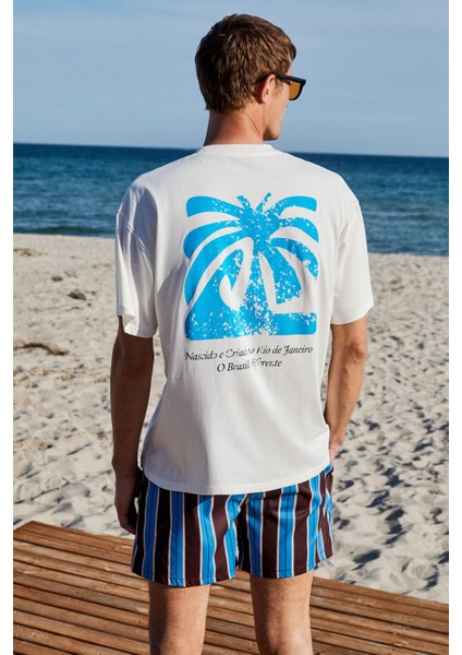 Copacabana Erkek Ön Arka Çatlayan Baskı Detaylı %100 Organik Pamuk Oversize Kısa Kollu Beyaz T-shirt