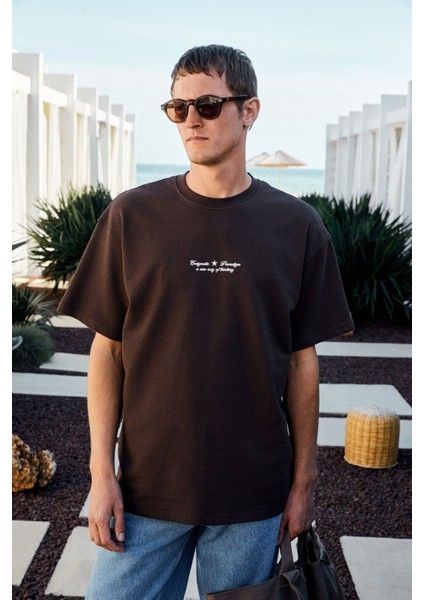 BENZO Erkek Ön Arka Baskı Detaylı %100 Organik Pamuk Oversize Kısa Kollu Koyu Kahverengi T-Shirt fiyatları