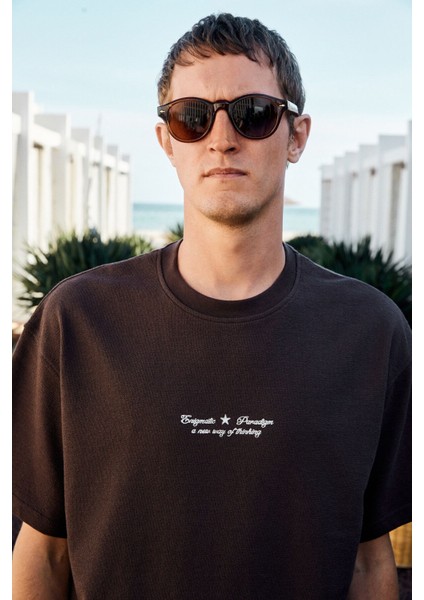 BENZO Erkek Ön Arka Baskı Detaylı %100 Organik Pamuk Oversize Kısa Kollu Koyu Kahverengi T-Shirt indirimleri