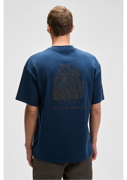 Benfıca Erkek Organik Pamuk Baskı Detaylı Oversize Kısa Kol Bisiklet Yaka Lacivert T-Shirt
