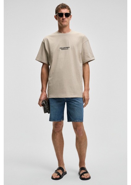 COLLECTIVE Erkek Ön Nakış Arka Baskı Detaylı %100 Organik Pamuk Oversize Kısa Kol Taş Rengi T-Shirt modelleri