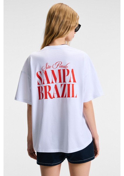 Feylora Kadın Pamuk Oversize Fit Baskı Detaylı Kısa Kollu Bisiklet Yaka Beyaz T-Shirt