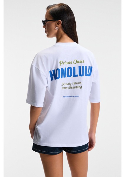 ZEYLINA Kadın %100 Pamuk Baskılı Regular Fit Kısa Kollu Bisiklet Yaka Beyaz T-Shirt