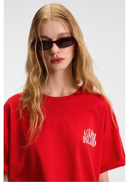 Feylora Kadın Pamuk Oversize Fit Baskı Detaylı Kısa Kollu Bisiklet Yaka Kırmızı T-Shirt fırsatları