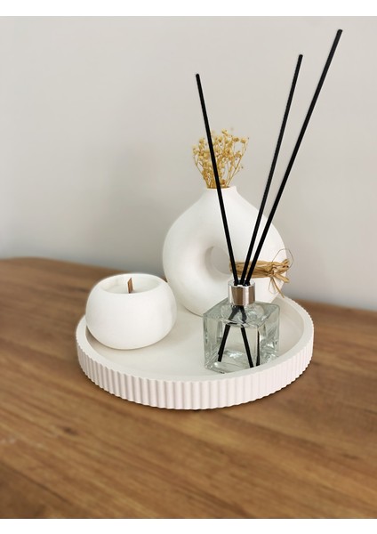 Modern Beyaz Dekoratif Tepsi Seti | 4 Parça Obje, Mum, Vazo ve Koku Şişesi fiyatları