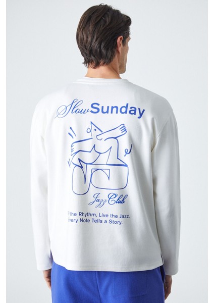 Slowsunday Erkek Baskı Detaylı Comfort Fit Bisiklet Yaka Ekru T-Shirt