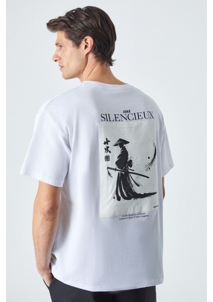 Martınellı Erkek Bisiklet Yaka Baskılı Kısa Kol Oversize Beyaz T-Shirt