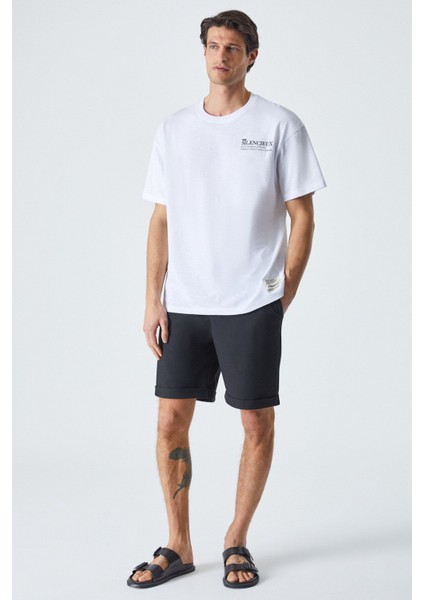 Martınellı Erkek Bisiklet Yaka Baskılı Kısa Kol Oversize Beyaz T-Shirt modelleri