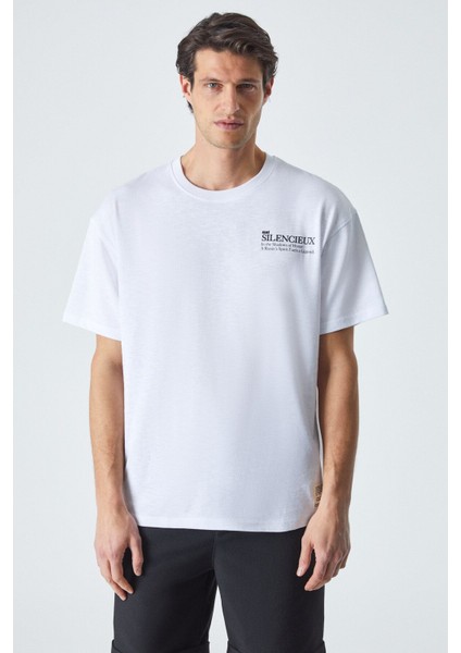 Martınellı Erkek Bisiklet Yaka Baskılı Kısa Kol Oversize Beyaz T-Shirt fırsatları