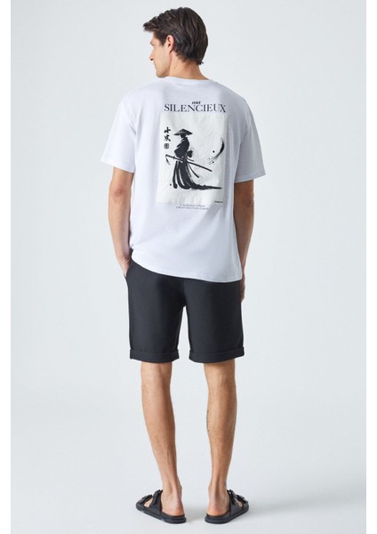 Martınellı Erkek Bisiklet Yaka Baskılı Kısa Kol Oversize Beyaz T-Shirt