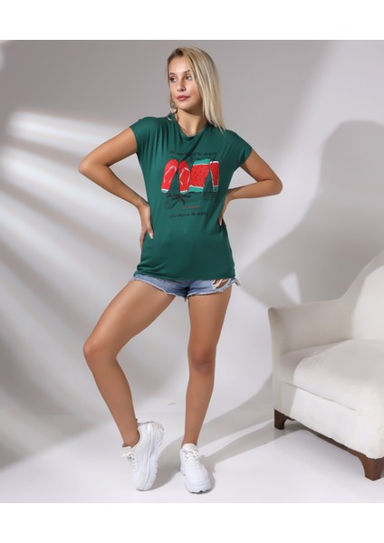 Bisiklet Yaka Kısa Kollu Normal Size Baskılı Basic Kadın T-Shirt 20479 Koyu Yeşil