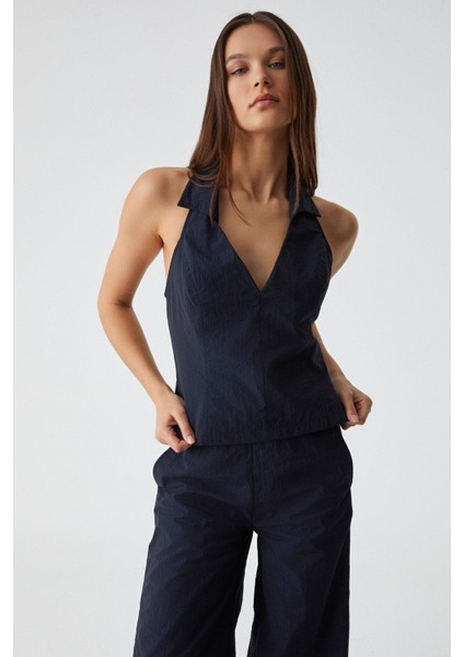 LIMBER Kadın Apaj Yaka Kolsuz Slim Fermuarlı Lacivert Büstiyer