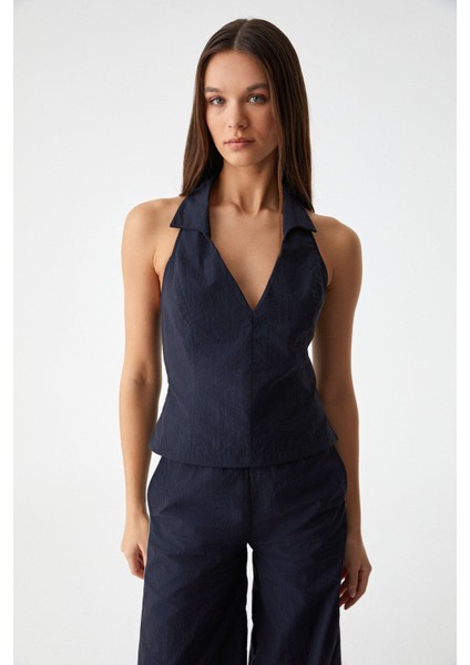 LIMBER Kadın Apaj Yaka Kolsuz Slim Fermuarlı Lacivert Büstiyer modelleri