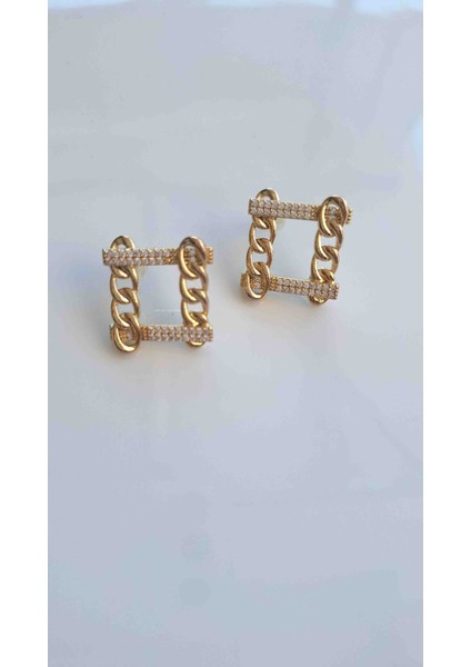 Ithal Küpe Kare Zincir ve Taş Detaylı Görünüm