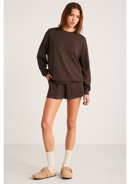 Maısıe Kadın Organik Pamuklu Comfort Fit Bisiklet Yaka Kahverengi Sweatshirt modelleri