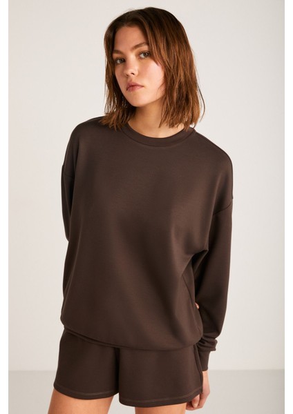 Maısıe Kadın Organik Pamuklu Comfort Fit Bisiklet Yaka Kahverengi Sweatshirt fırsatları