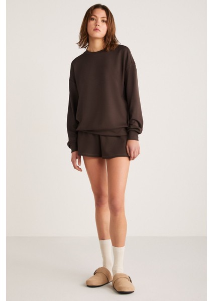 Maısıe Kadın Organik Pamuklu Comfort Fit Bisiklet Yaka Kahverengi Sweatshirt indirimleri