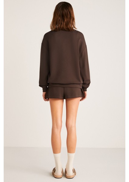 Maısıe Kadın Organik Pamuklu Comfort Fit Bisiklet Yaka Kahverengi Sweatshirt