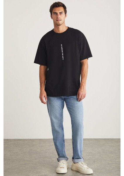 Harald Erkek Bisiklet Yaka %100 Pamuk Baskı Detaylı Siyah T-shirt fiyatları