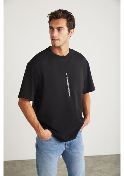 Harald Erkek Bisiklet Yaka %100 Pamuk Baskı Detaylı Siyah T-shirt indirimleri